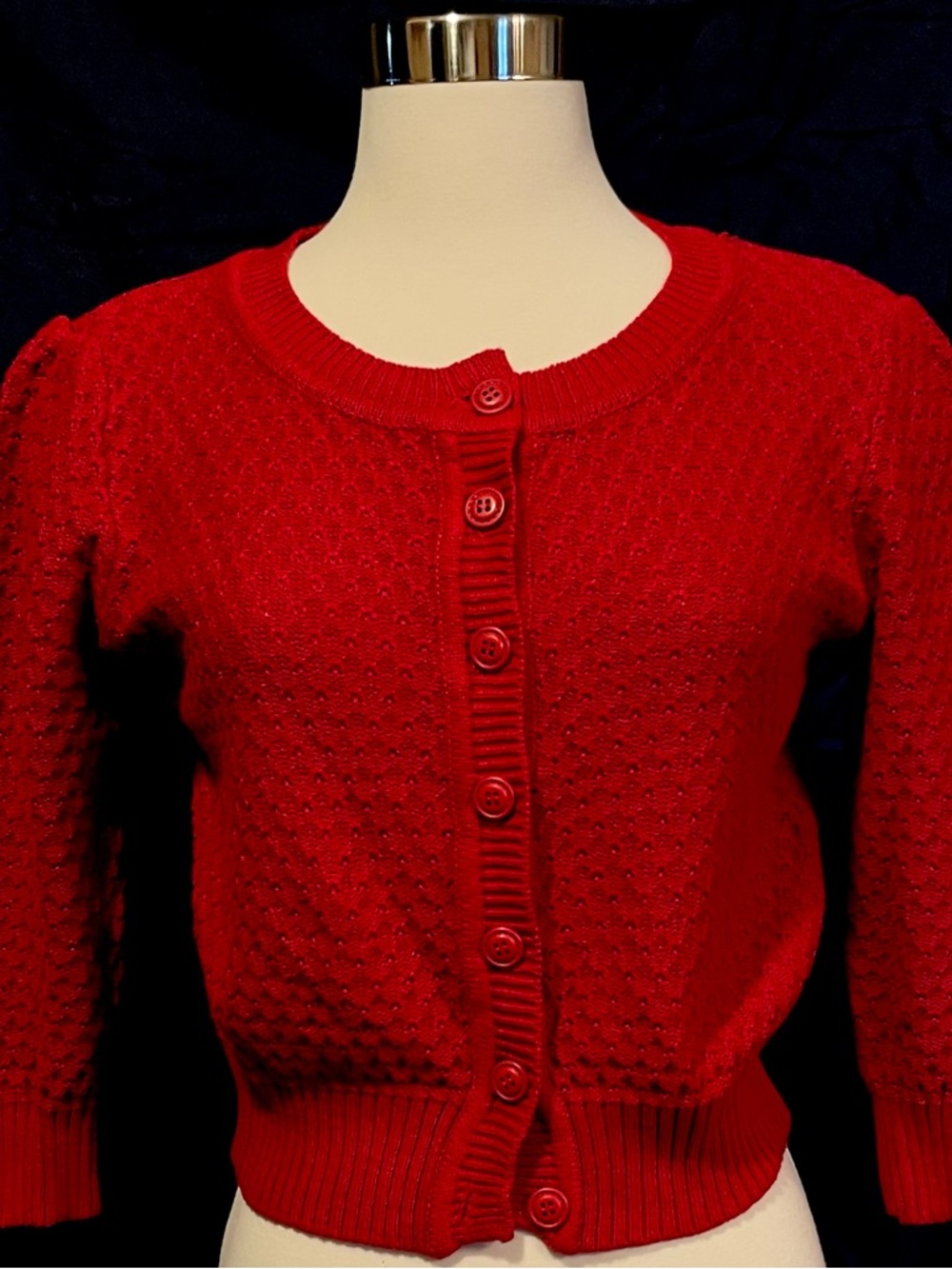 Women's Red Textured Button-Up Cardigan Sweater